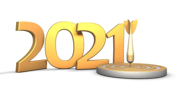 3D渲染2021黄金年的日期 一个金色的目标旁边有飞镖在新的一年里 胜利和成功的理念 白色背景上的孤立图像 用于日历 — 图库照片