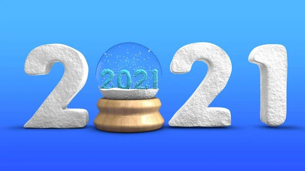 3D渲染了2021年新年的日期 玻璃雪球而不是零 蓝色背景上的说明 新年作文 明信片和屏保的美丽图像 — 图库照片