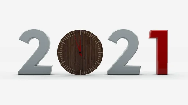 2021年の3Dレンダリング 木製時計はゼロではなく 画像は白い背景に隔離されています 新年の作品のイラスト — ストック写真