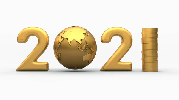 2021年的3D渲染日期 黄金星球地球而不是零 一柱硬币而不是一柱 新的一年里的成功与繁荣的理念 白色背景上的孤立图像 — 图库照片