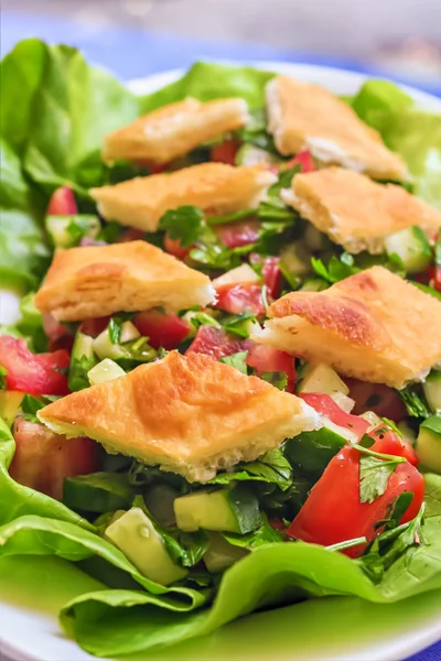 Salada Libanesa Fattoush Pão Refeição Vegana Fresca Deliciosa Com Pão — Fotografia de Stock