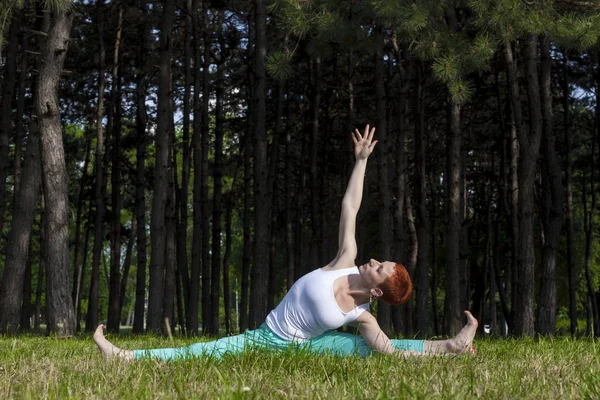 运动在自然红发女郎做瑜伽在公园里 松树后面 阳光普照 — 图库照片