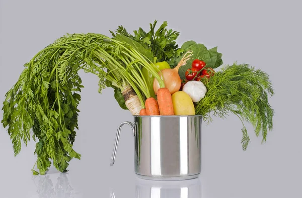 Vielfalt Frischem Gemüse Einem Metalltopf Atelier Isoliert Auf Grauem Hintergrund — Stockfoto