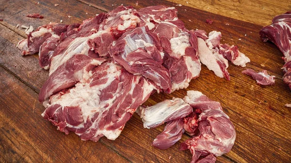 Fresh Raw Pork Meat Old Wooden Butchers Table — Stock Photo, Image