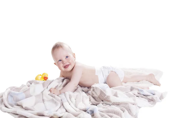 Dulce Niño Monts Servilleta Gateando Jugando Con Juguetes Una Manta —  Fotos de Stock