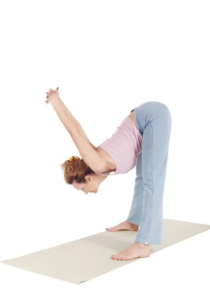 Beau Yoga Pose Flexion Avant Larges Pattes Vraie Femme Âgée — Photo