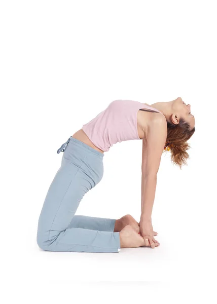 Yoga Hermoso Postura Del Camello Mujer Mayor Real Haciendo Ejercicio — Foto de Stock