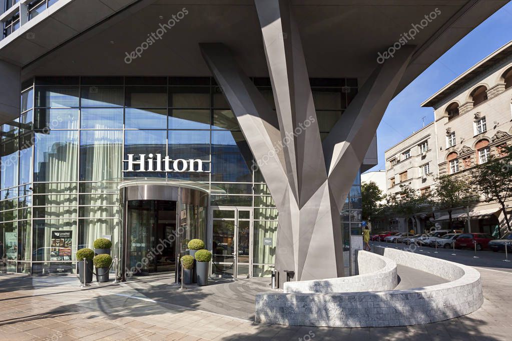 Hilton Hotel, Belgrade, Serbia: July 18, 2019, The sign on the entrance of a Hilton hotel in center of Belgrade