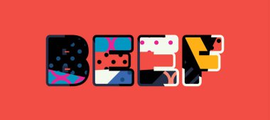 Renkli soyut tipografi yazılı kelime sığır eti kavramı. Vektör Eps 10 kullanılabilir.