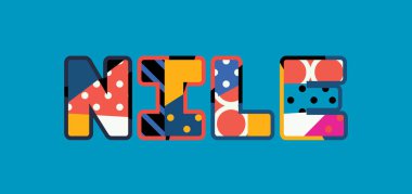 Renkli soyut tipografiyle yazılmış NILE kavramı. Vektör EPS 10 kullanılabilir.