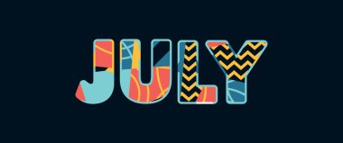 Renkli soyut tipografi yazılı kelime Temmuz kavramı. Vektör Eps 10 kullanılabilir.