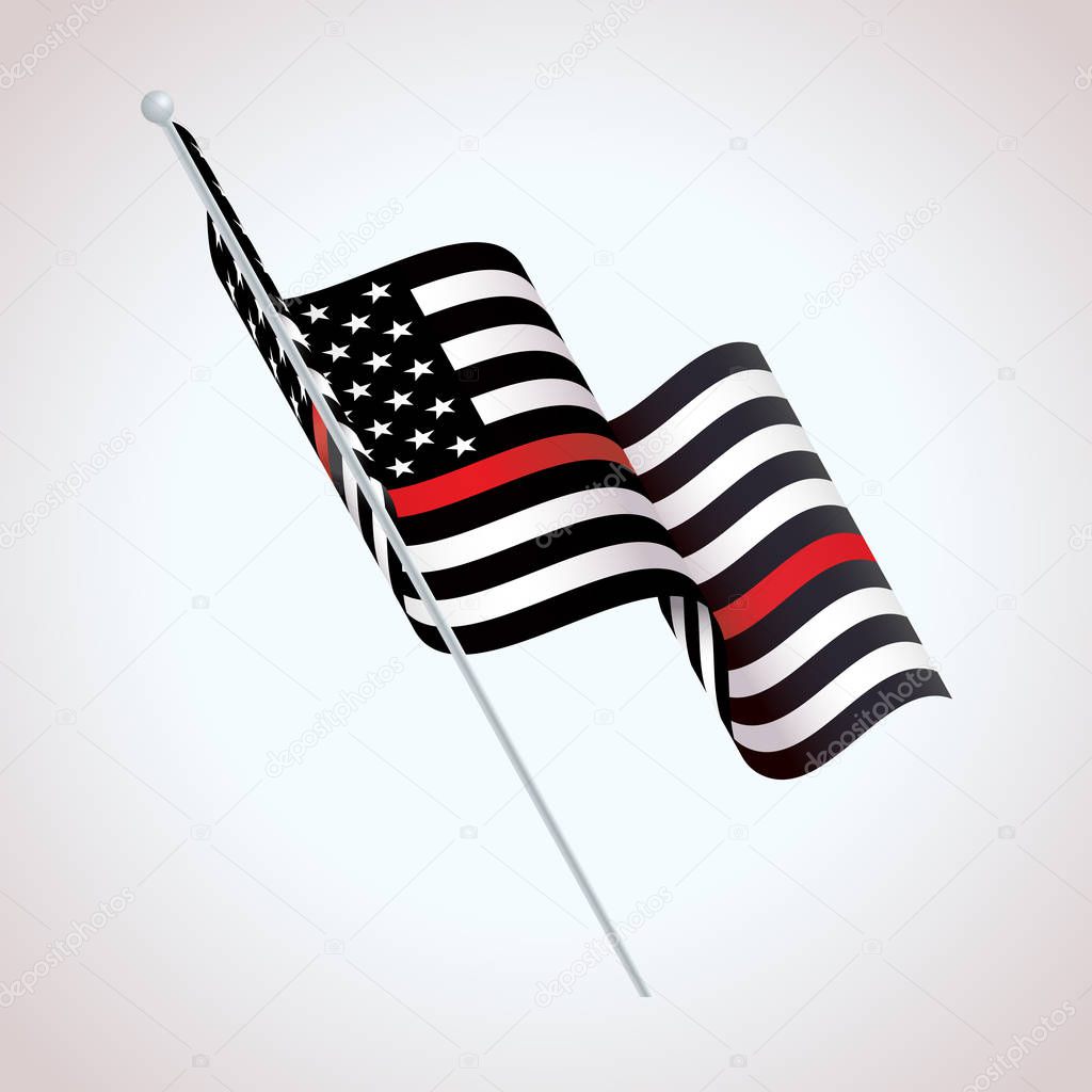 A black and white and red striped American flag firefighter support symbol waving illustration. Vector EPS 10 available.