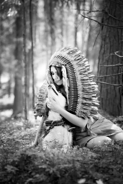 Jonge Vrouw Traditionele Rood Indian Warbonnets Poseren Met Zwarte Husky — Stockfoto