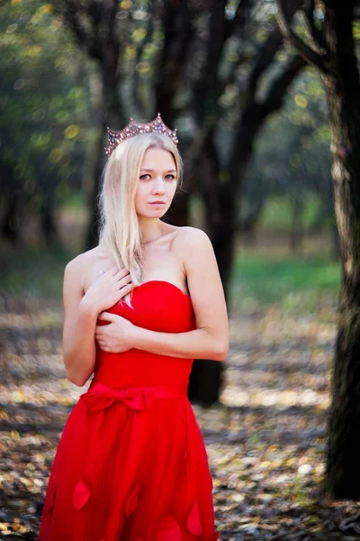 Retrato Jovem Mulher Vestido Vermelho Luxo Com Coroa Cabeça Posando — Fotografia de Stock