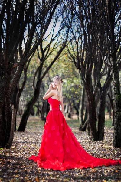 Mujer Joven Vestido Rojo Elegante Corona Joya Posando Bosque Otoño — Foto de Stock