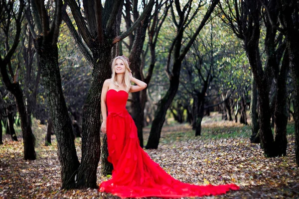 Mujer Joven Vestido Rojo Elegante Corona Joya Posando Bosque Otoño — Foto de Stock