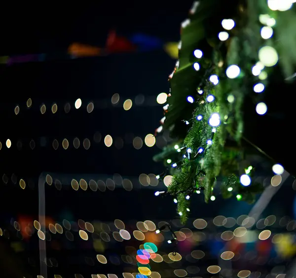 Close View Glowing Garland Christmas Decorated Fir Tree — Stock Photo, Image