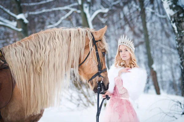 Princesse Couronne Avec Cheval Hiver Conte Fées — Photo