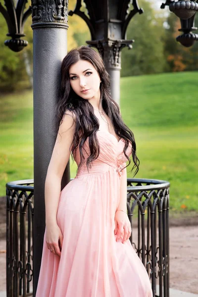Mulher Elegante Vestido Rosa Pastel Posando Perto Parque Arbor — Fotografia de Stock