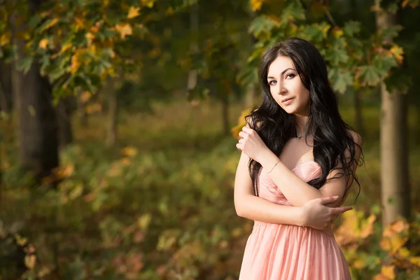 年轻优雅的女士的肖像在秋天公园摆姿势的温柔的粉红色礼服 — 图库照片