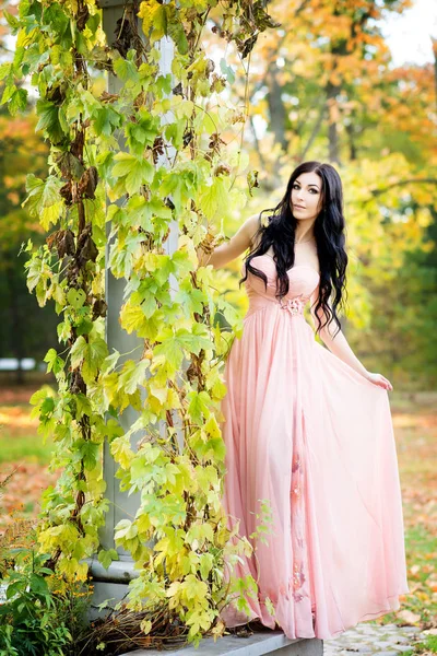 Elegancka Kobieta Pastelowy Różowy Sukienka Pozowanie Pobliżu Parku Arbor — Zdjęcie stockowe