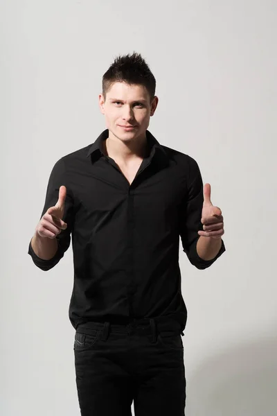 Portrait Young Caucasian Man Black Shirt Posing White Background — Stock Photo, Image