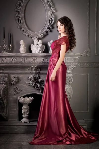 Young Brunette Woman Burgundy Satin Dress Posing Luxury Vintage Interior — Stock Photo, Image