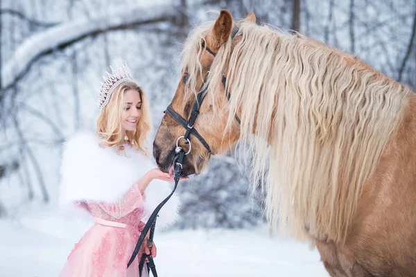 Princesse Couronne Nourrissant Cheval Hiver Conte Fées — Photo