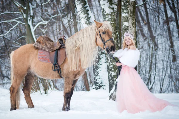 Princesa Corona Con Caballo Invierno Cuento Hadas — Foto de Stock