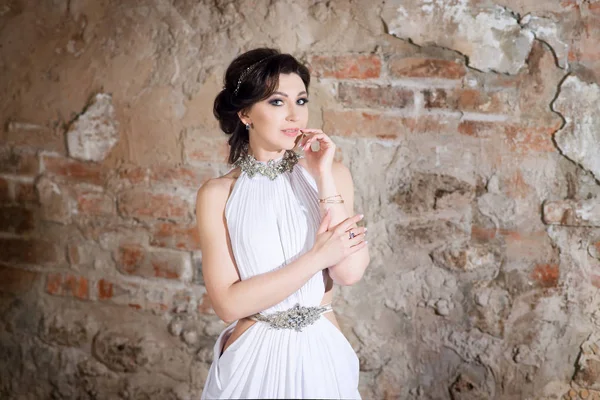 Mujer Estilo Griego Vestido Blanco Largo Modelo Moda — Foto de Stock
