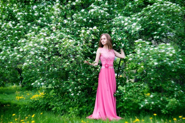 女性で咲く夏の庭で長いピンクのドレス — ストック写真