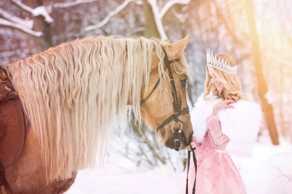 Princesse Couronne Avec Cheval Hiver Conte Fées — Photo