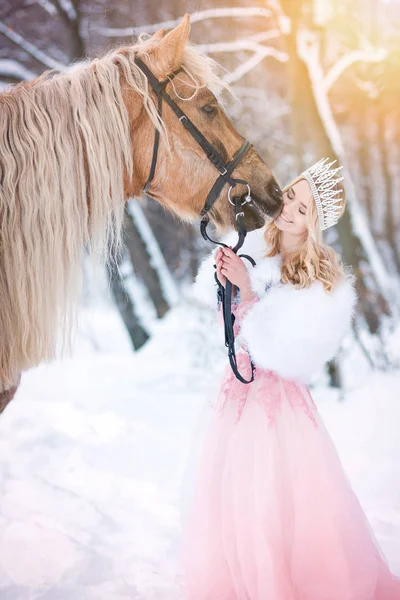 Принцесса Короне Лошадью Зимой Сказка — стоковое фото