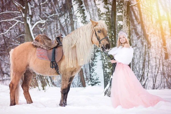 Princesse Couronne Avec Cheval Hiver Conte Fées — Photo