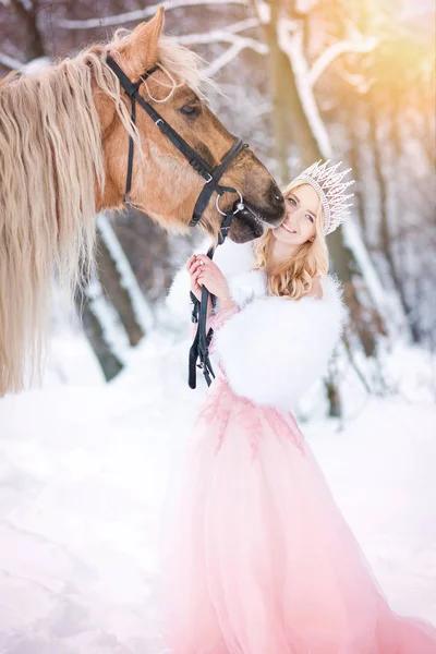 Princesse Couronne Avec Cheval Hiver Conte Fées — Photo