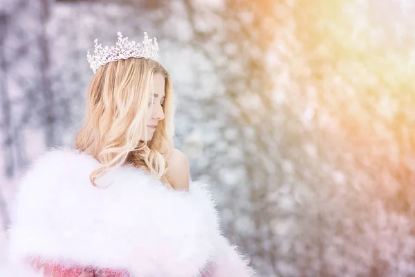 Regina Delle Nevi Principessa Con Corona Pelliccia Fiaba Invernale — Foto Stock