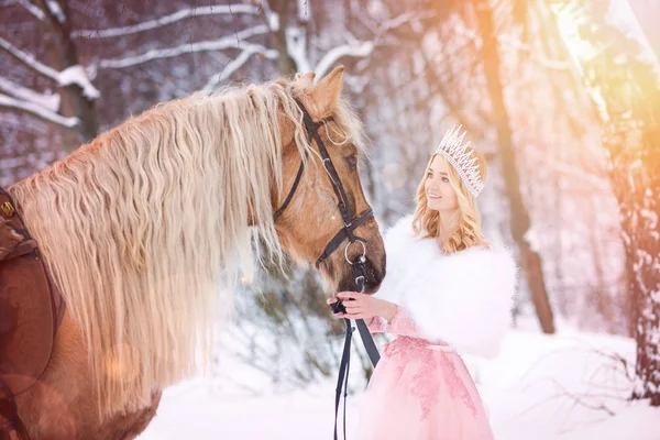 Princesse Couronne Avec Cheval Hiver Conte Fées — Photo