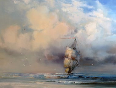 Bulutlar denize. Yağlı boya klasik şekilde yapılmış.