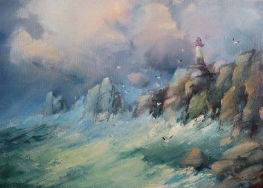     Bir kayanın üzerinde deniz feneri. Yağlı boya klasik şekilde yapılmış.                           