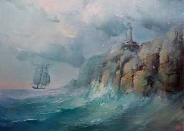     Deniz feneri. Yağlı boya klasik şekilde yapılmış.                           