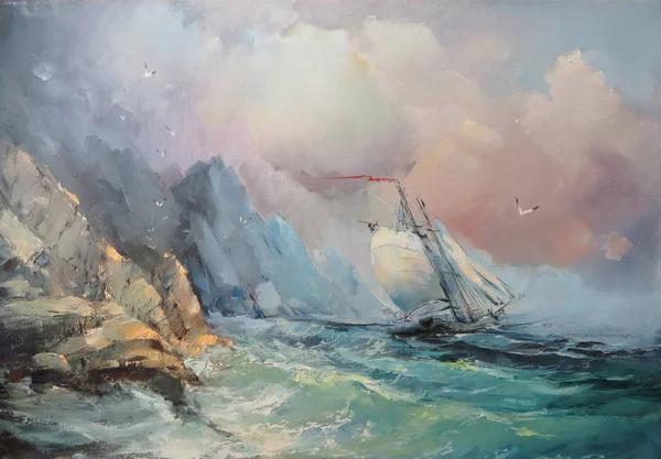 Paysage Marin Fait Manière Classique Peinture Huile — Photo