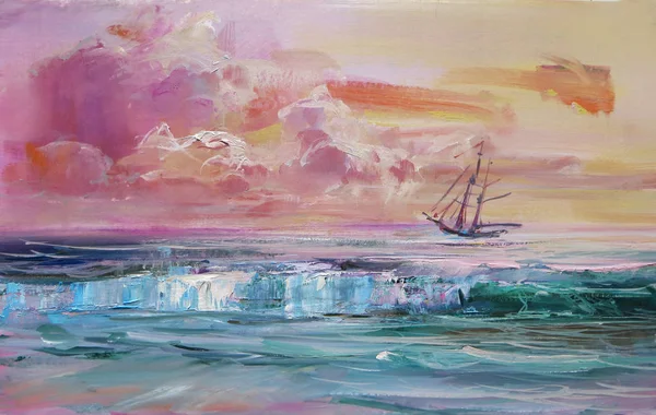 Günbatımı bulutlara. Yağlı boya klasik şekilde yapılmış.