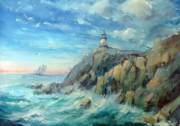 Bir Deniz Feneri Ile Manzara Yağlı Boya Klasik Şekilde Yapılmış — Stok fotoğraf
