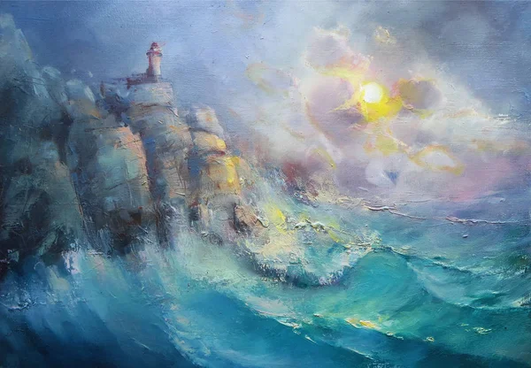 Bir fırtınada bir kayanın üzerinde bir deniz feneri. Yağlı boya klasik şekilde yapılmış.