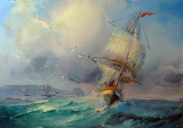  Yelkenli. Deniz manzarası. Yağlı boya klasik şekilde yapılmış.                              