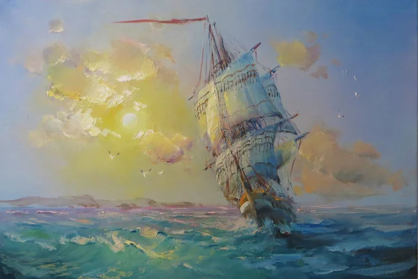 Zonsondergang Zee Gemaakt Klassieke Wijze Van Olieverfschilderij Stockafbeelding