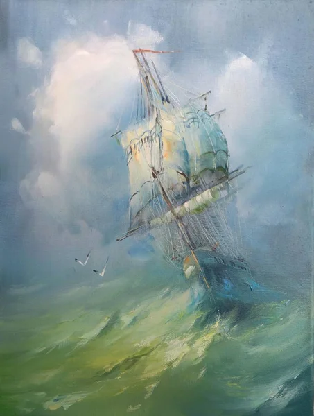 Purjevene Aallolla Merimaisema Valmistettu Klassisella Tavalla Öljymaalaus tekijänoikeusvapaita kuvapankkikuvia