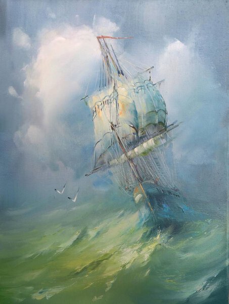Sailboat Wave Seascape Made Classical Manner Oil Painting Stock Image