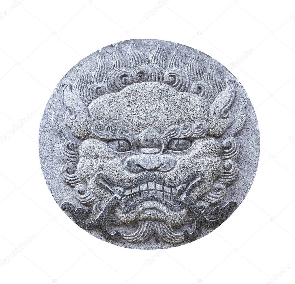 Chinese lion marble face isolated on white with clipping path