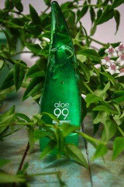 Rusya, Udachnyy, 05/01/2019 Universal Washable Aloe Jel %99 Yatıştırıcı Jel. Korece büyük yüz bakımı için anlamına gelir. Arka planda bitkinin yaprakları ile mavi dokulu bir substrat üzerinde.